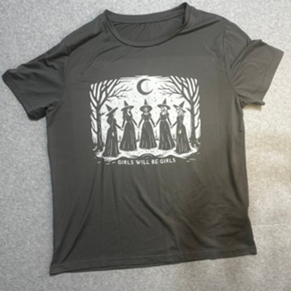 Girls Will Be Girls Witches Graphic Tee Dark Gray Short Sleeve Shirt 0011
